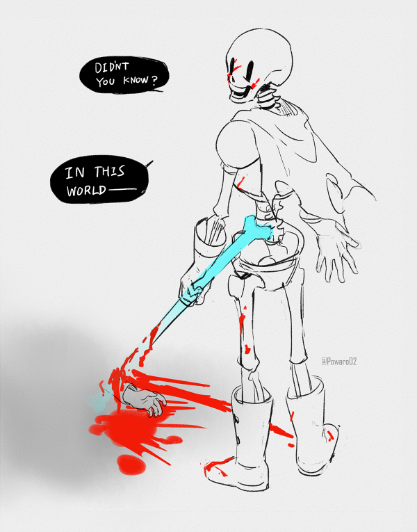 1boy, 1other, 2016, 2d, armor, artist_name, blood, blood_on_face, bone, boots, cape, digital_media, english_text, full_body, gloves, holding, holding_bone, humanoid, implied_death, male, male_focus, male_only, monochrome, monster, monster_boy, papyrus_(undertale), powaro02, shorts, simple_background, skeleton, solo_focus, speech_bubble, standing, teeth, text, twitter_username, undead, undertale, utdr_(toby_fox), white_background