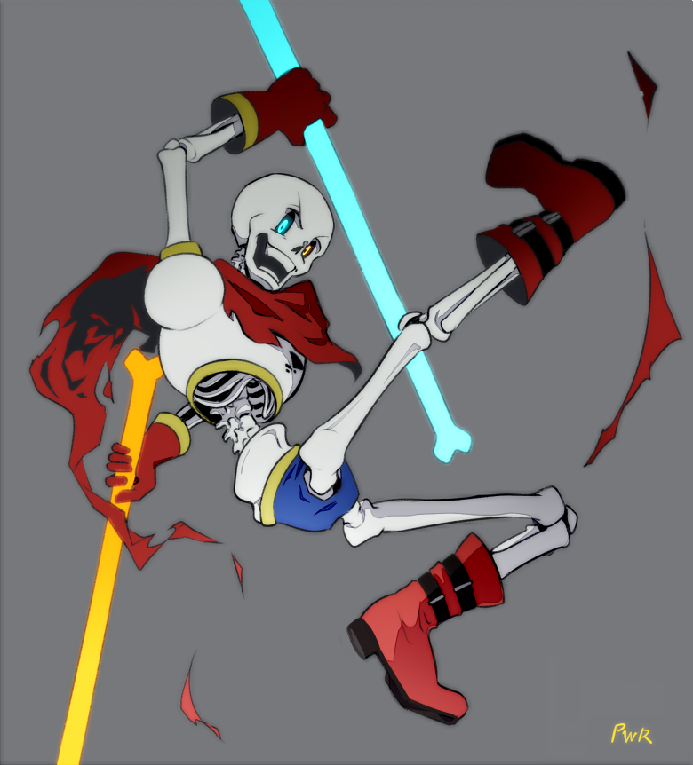 1boy, 2016, 2d, aqua_eyes, armor, artist_name, blue_shorts, bone, boots, cape, digital_media, dual_wielding, dynamic_pose, full_body, gloves, glowing, glowing_eyes, grey_background, heterochromia, hip_bones, holding, holding_bone, humanoid, looking_at_viewer, male, male_focus, male_only, monster, monster_boy, papyrus_(undertale), powaro02, red_boots, red_cape, red_gloves, ribs, shorts, simple_background, skeleton, solo, spine, teeth, torn_cape, undead, undertale, utdr_(toby_fox), white_armor, yellow_eyes