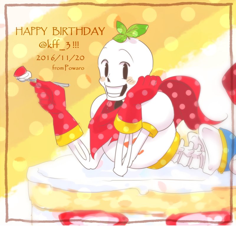 1boy, 2016, 2d, armor, artist_name, birthday, blue_shorts, boots, cake, cape, dated, digital_media, elbow_rest, english_text, food, gloves, hand_on_own_cheek, happy_birthday, holding, holding_spoon, humanoid, inset_border, leaf, leaf_on_head, looking_at_viewer, lying, male, male_focus, male_only, monster, monster_boy, on_stomach, oversized_food, papyrus_(font), papyrus_(undertale), powaro02, red_boots, red_cape, red_gloves, shortcake, shorts, simple_background, skeleton, solo, spoon, teeth, text, undead, undertale, utdr_(toby_fox), white_armor, white_background, yellow_background