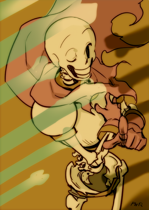 1boy, 2016, 2d, armor, artist_name, blue_shorts, bone, brown_background