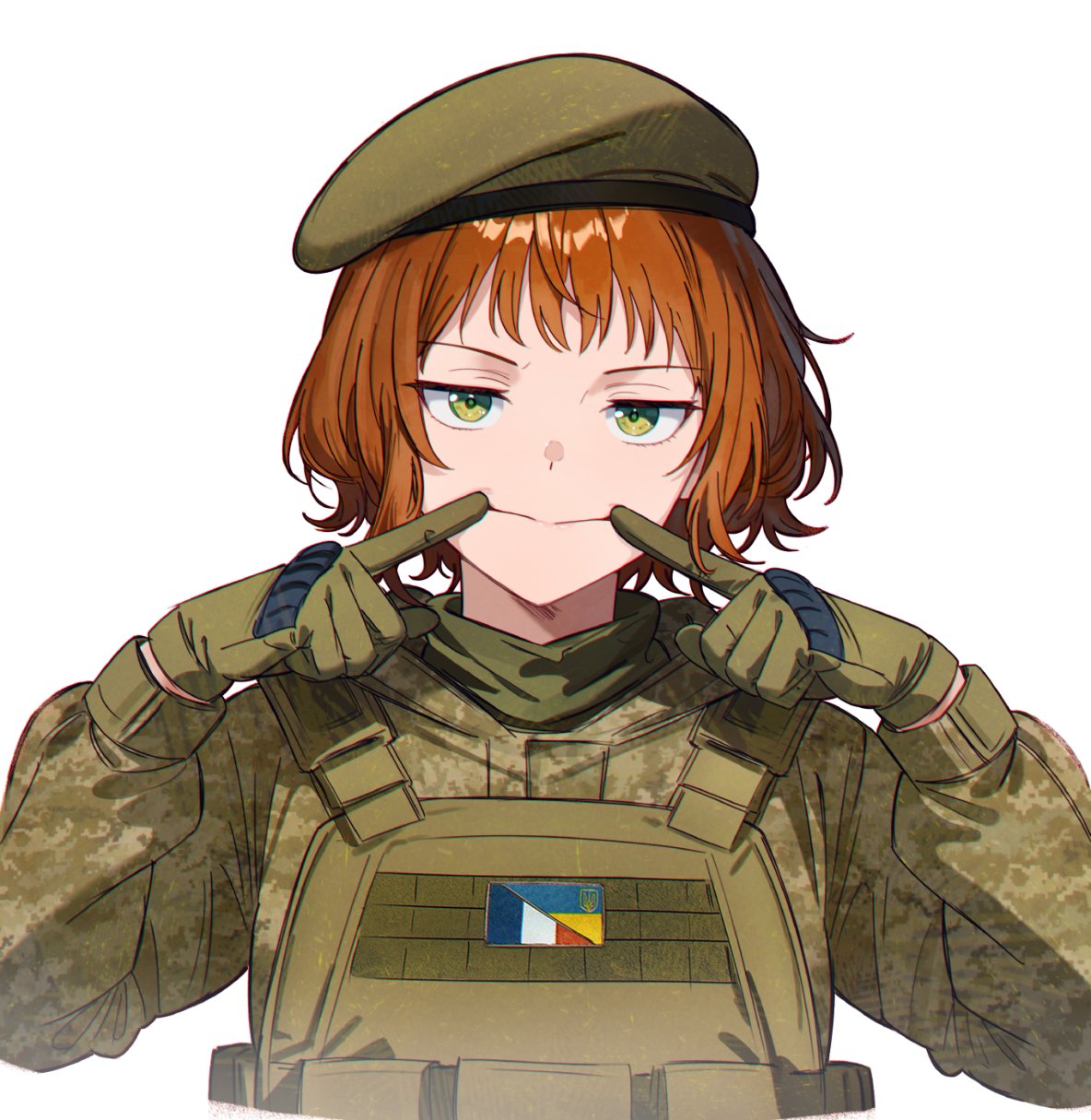 1girl, beret, bulletproof_vest, camouflage, camouflage_jacket, digital_camouflage, forced_smile, french_flag