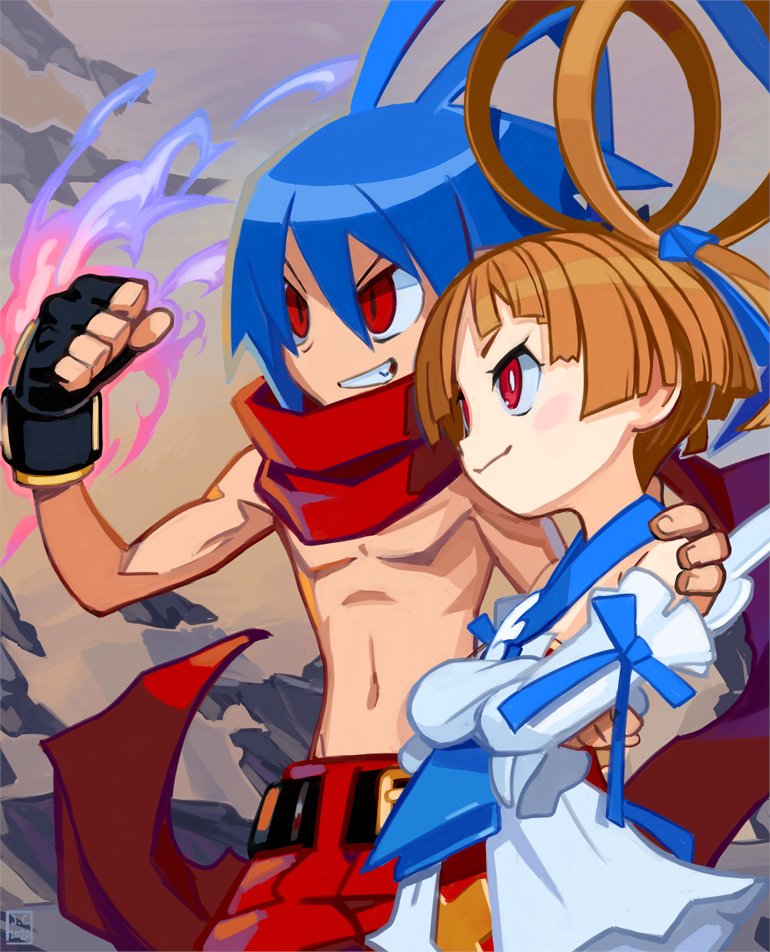 1boy, 1girl, antenna_hair, belt, black_belt, black_gloves, blue_hair, blunt_ends