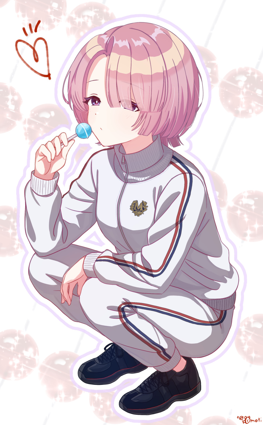 1girl, :/, absurdres, arimura_mao, black_shoes, bright_pupils, candy, food, gakuen_idolmaster, heart, highres, holding, holding_candy, holding_food, holding_lollipop, idolmaster, jacket, lollipop, long_sleeves, looking_at_viewer, mattarisan_3, outline, pants, pink_hair, shoes, short_hair, signature, sneakers, solo, track_jacket, track_pants, violet_eyes, white_jacket, white_outline, white_pants, white_pupils