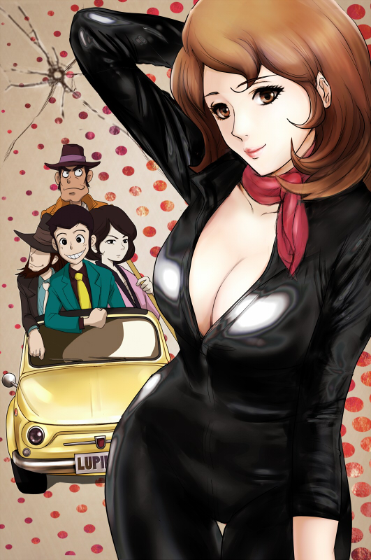 bodysuit, breasts, brown_eyes, brown_hair, car, cleavage, fiat, fiat_500, grin, ishikawa_goemon_xiii, jigen_daisuke, large_breasts, latex, lupin_iii, mine_fujiko, motor_vehicle, mougira, scarf, shiny, shiny_clothes, skin_tight, smile, thigh_gap, thighs, vehicle, zenigata_kouichi