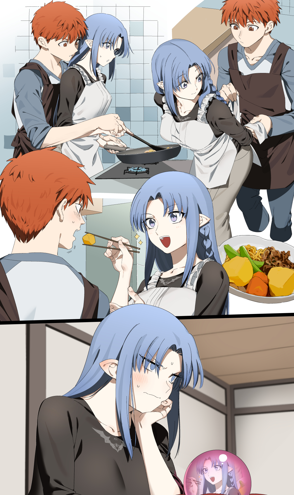 1boy, 1girl, apron, blue_eyes, blue_hair, blush, brown_eyes, emiya_shirou
