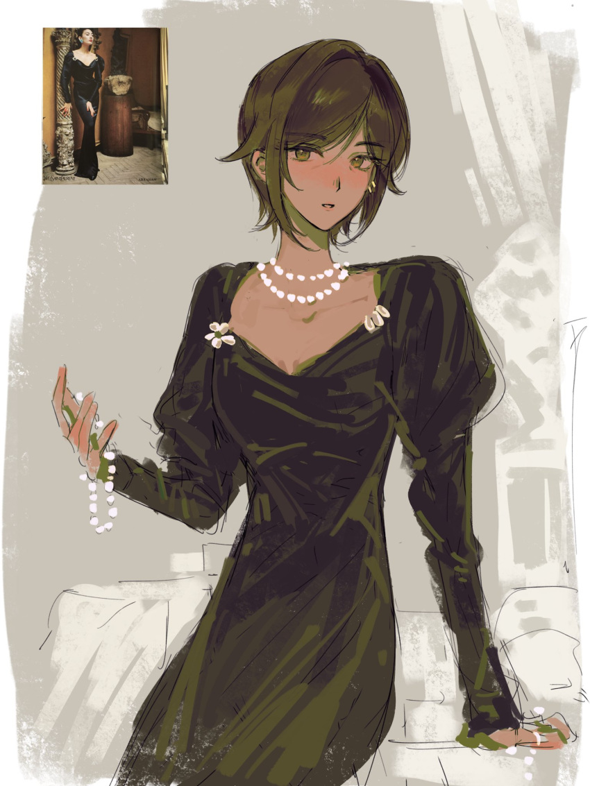 1girl, black_dress, brown_hair, collarbone, dress, highres, jewelry, juliet_sleeves