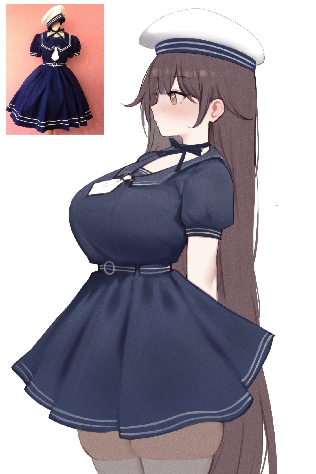 arms_behind_back, blue_sailor_collar, breasts, brown_eyes, brown_hair, commentary, dress, english_commentary