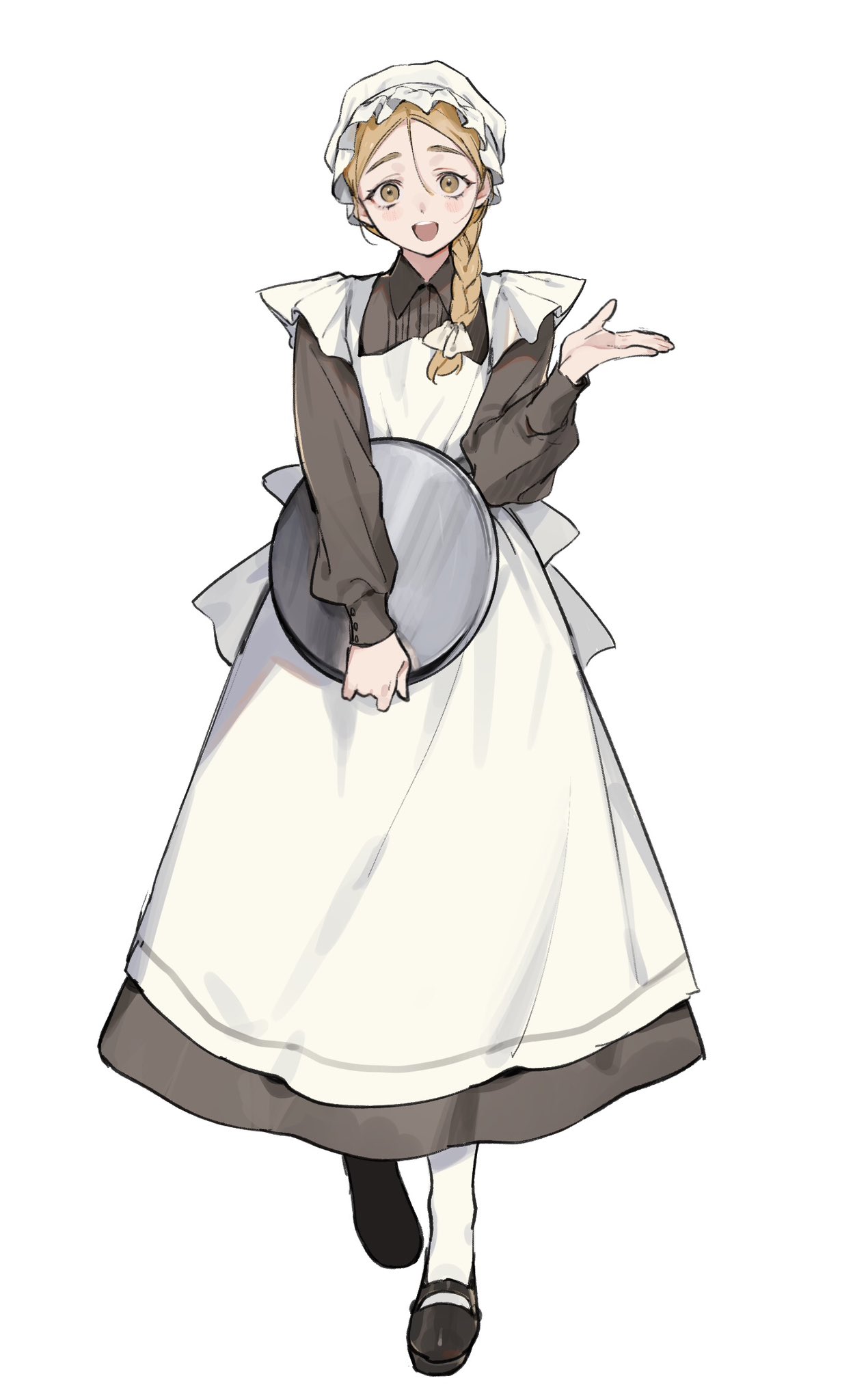 1girl, apron, black_shoes, blonde_hair, bonnet, braid, brown_eyes, chi.:_chikyuu_no_undou_ni_tsuite, collared_dress, dress, full_body, grey_dress, hair_between_eyes, hair_over_shoulder, highres, holding, holding_plate, jolenta, light_blush, long_dress, long_hair, official_alternate_costume, open_mouth, pantyhose, plate, sakitsu, shoes, single_braid, smile, solo, standing, teeth, upper_teeth_only, white_apron, white_background, white_bonnet, white_pantyhose