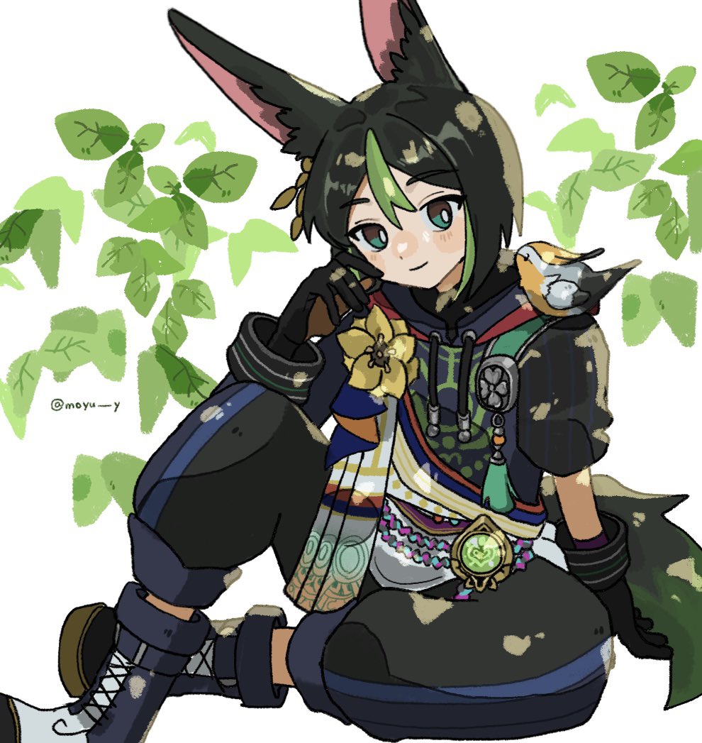 1boy, animal_ear_fluff, animal_ears, animal_on_shoulder, bird, bird_on_shoulder, black_gloves, black_hair