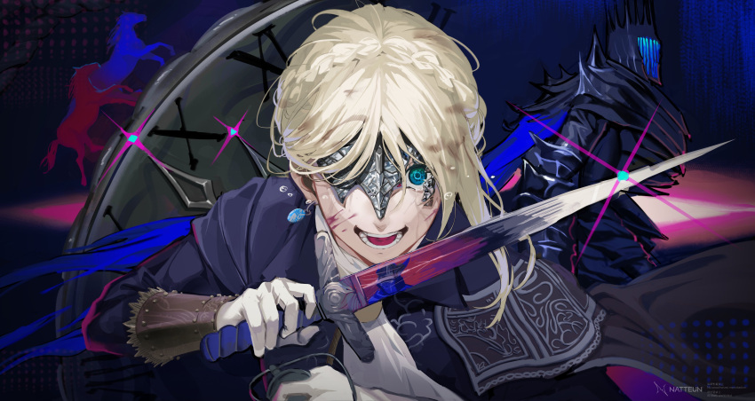 1girl, absurdres, ascot, blindfold_mask, blonde_hair, blood, blood_on_face, blue_eyes