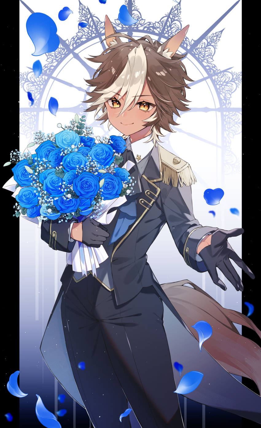 1girl, absurdres, alternate_costume, animal_ears, black_gloves, black_pants, black_shirt, blue_flower