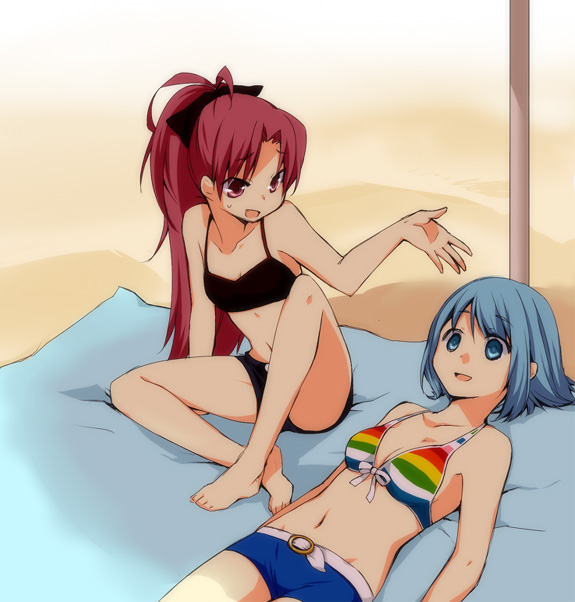 akr_et, barefoot, beach, bikini, blue_eyes, blue_hair, bow, breasts, cleavage, empty_eyes, fang, front-tie_top, hair_bow, lying, mahou_shoujo_madoka_magica, miki_sayaka, multiple_girls, navel, parody, ponytail, red_eyes, red_hair, redhead, sakura_kyouko, spoilers, striped, striped_bikini, striped_swimsuit, swimsuit