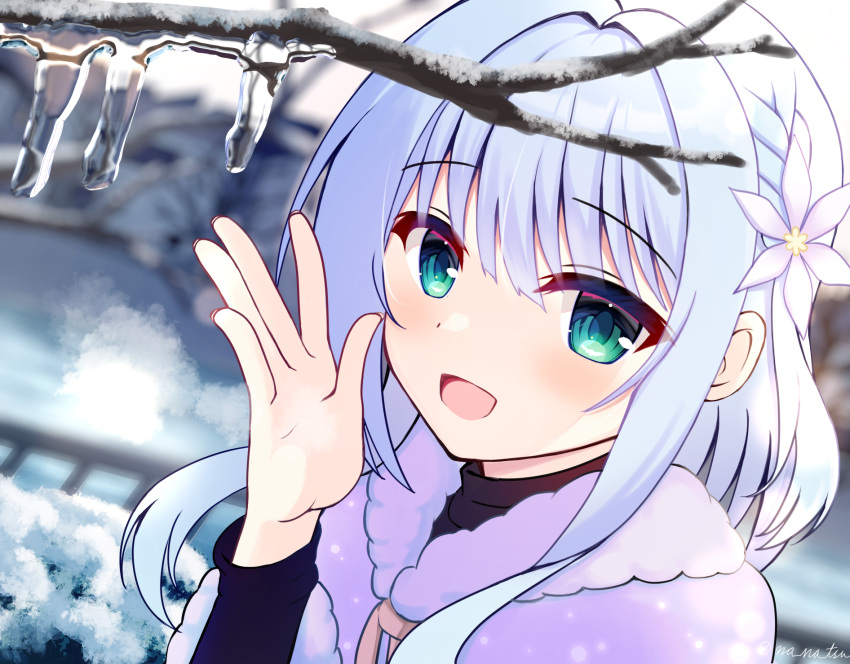 1girl, :d, alternate_costume, backlighting, bare_tree, blue_hair, blush, capelet