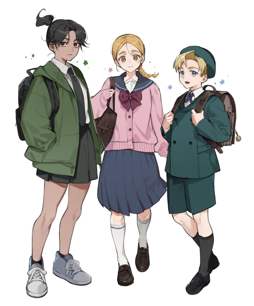 1boy, 2girls, alternate_universe, backpack, bag, black_bag, black_hair, black_necktie