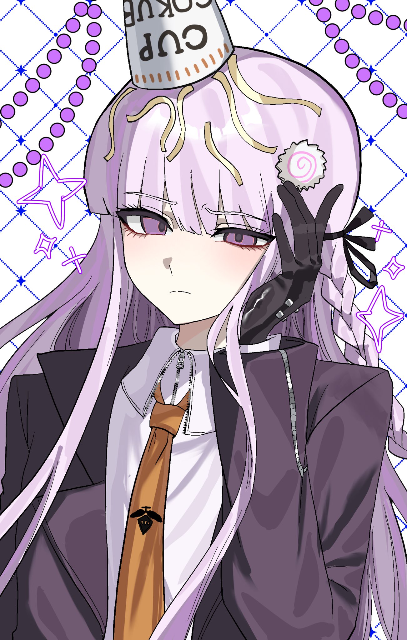 1girl, black_gloves, black_ribbon, braid, collared_shirt, danganronpa:_trigger_happy_havoc, danganronpa_(series), food