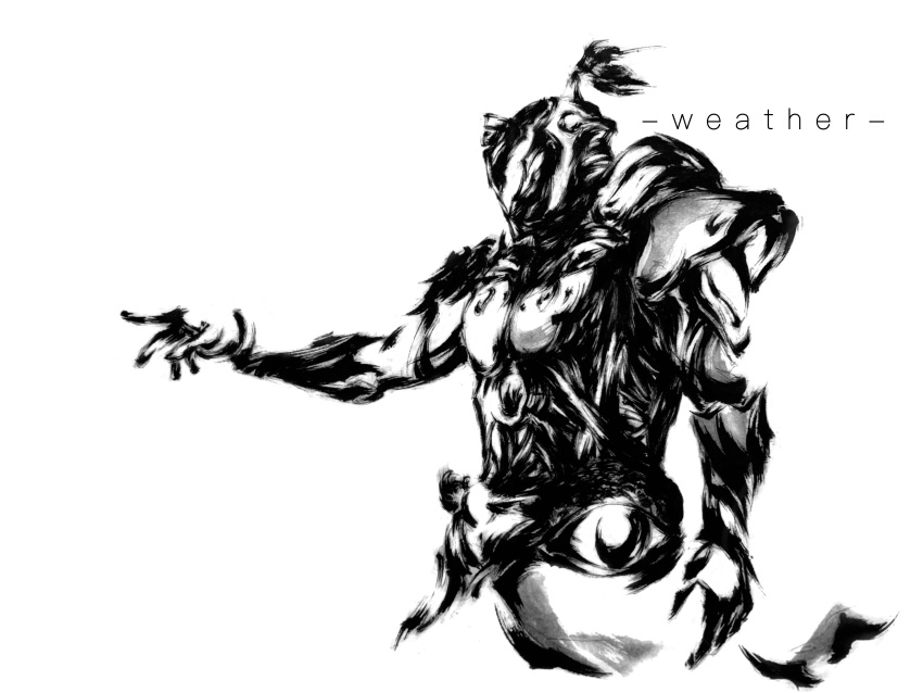 1boy, absurdres, armor, character_name, commentary, english_text, helmet, highres, ink, inksac, kamen_rider, kamen_rider_w, mixed-language_commentary, monochrome, pointing, ponytail, shoulder_armor, simple_background, solo, tokusatsu, weather_dopant, white_background