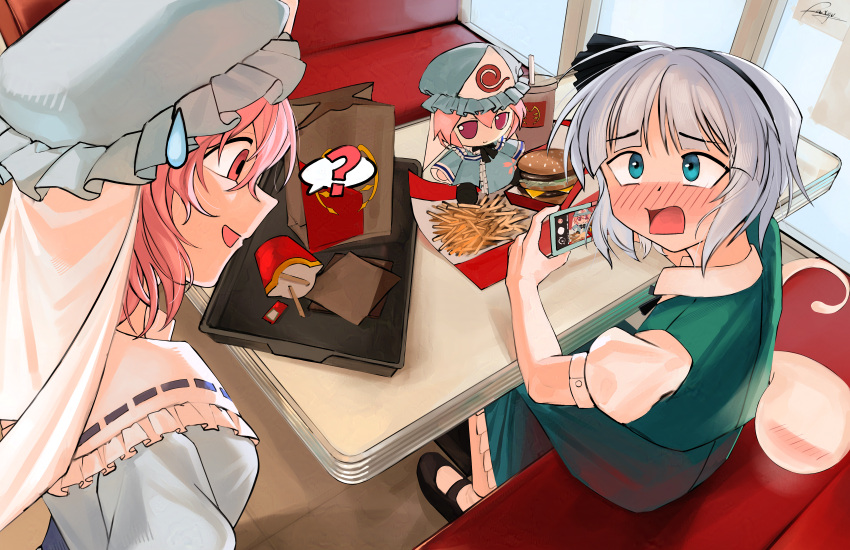 2girls, ?, absurdres, aqua_eyes, big_mac, black_hairband, black_shoes, blue_dress
