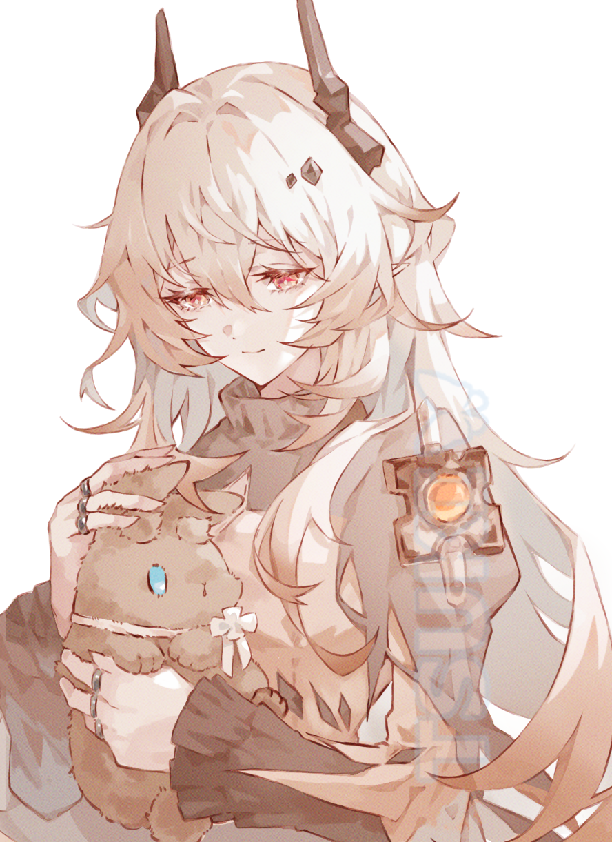1girl, amiya_(arknights), arknights, chinese_commentary, choshanland_plushy_(arknights), closed_mouth, commentary_request, demon_horns