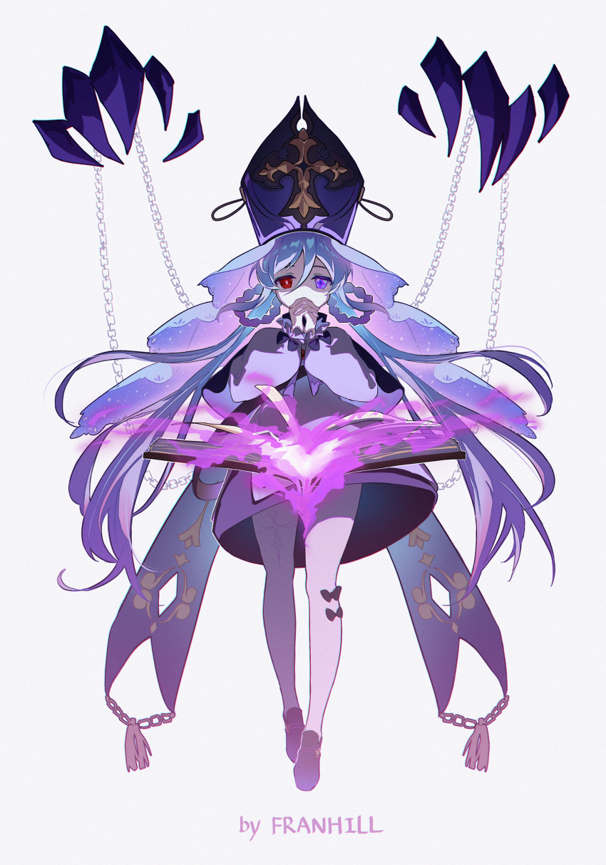 1girl, absurdres, artist_name, black_bow, black_capelet, black_shoes, blue_hair, book
