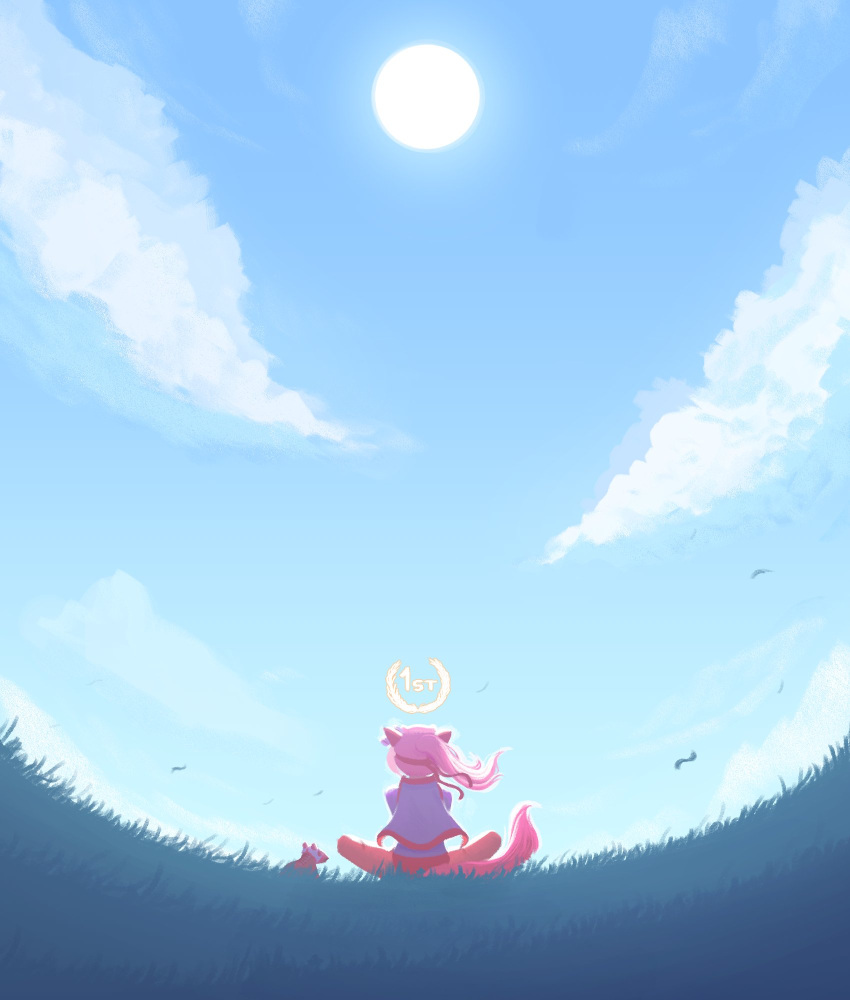 1girl, animal_ears, arawaffle, blue_sky, bow, buruma, clouds, ear_bow