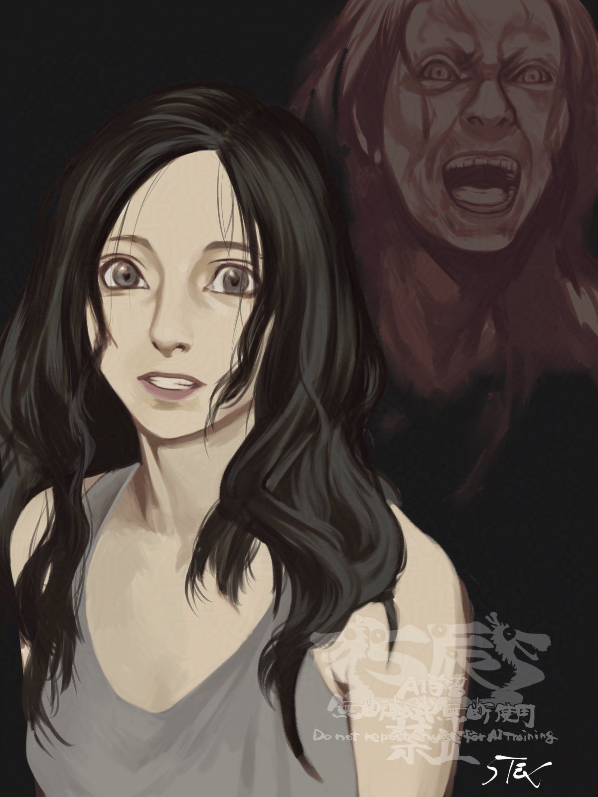 1girl, 5tatsu, artist_name, bare_shoulders, black_background, black_hair, breasts, clenched_teeth