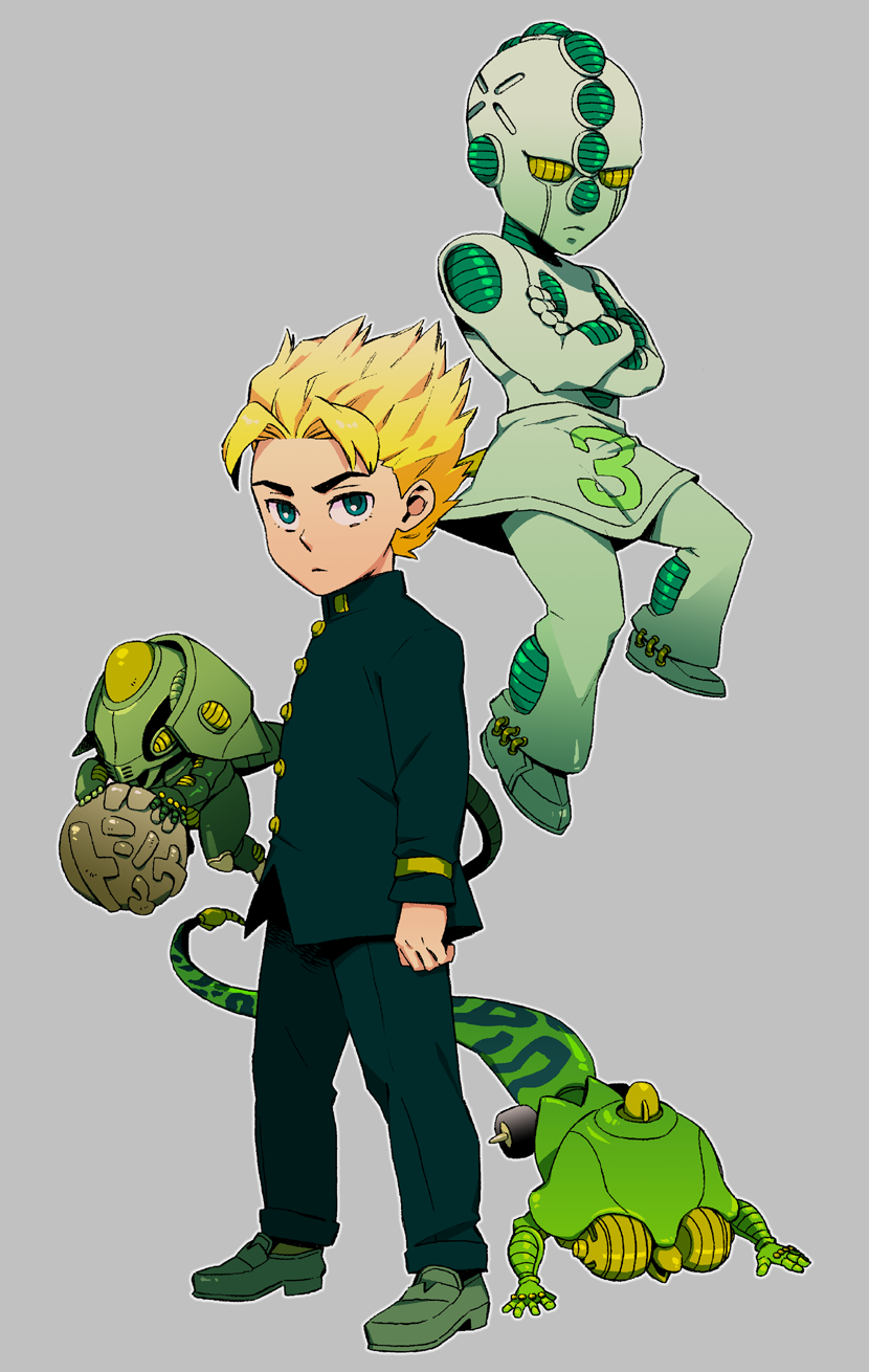 1boy, black_pants, blonde_hair, blue_eyes, buttons, crossed_arms, diamond_wa_kudakenai, echoes_(stand)
