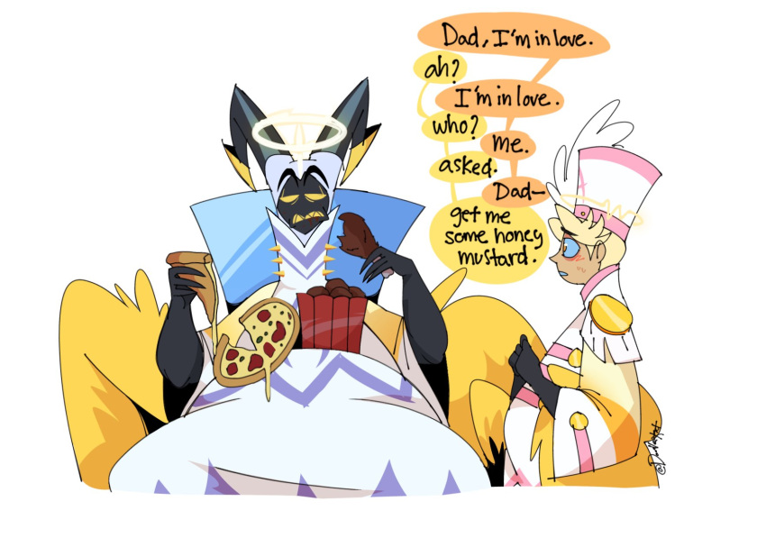 2boys, abel_(hazbin_hotel), adam_(hazbin_hotel), angel_wings, belly, blonde_hair, chicken_(food), chicken_leg