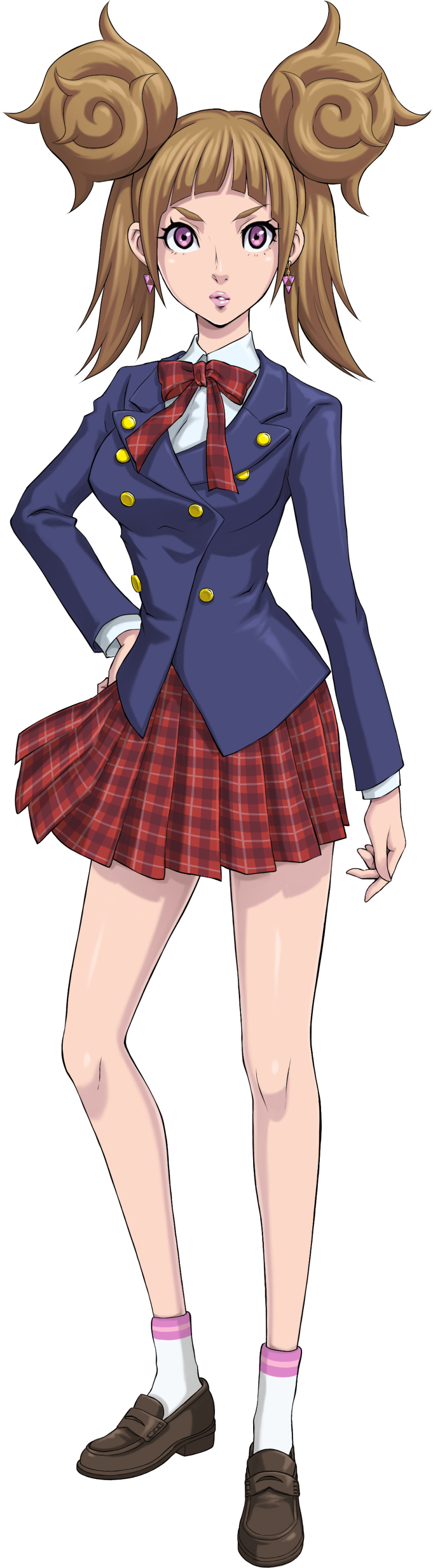 1girl, absurdres, bow, bowtie, brown_hair, double_bun, earrings, full_body, hair_bun, highres, iwamoto_tatsurou, jewelry, lipstick, makeup, official_art, pink_eyes, pleated_skirt, school_uniform, shin_megami_tensei, shin_megami_tensei:_liberation_dx2, simple_background, skirt, solo, standing, third-party_source, transparent_background, ueda_ririn