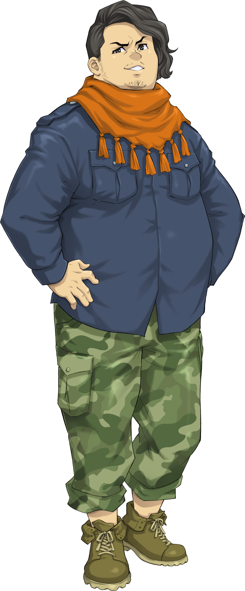 1boy, absurdres, bandana, beard, black_hair, boots, camouflage, camouflage_pants