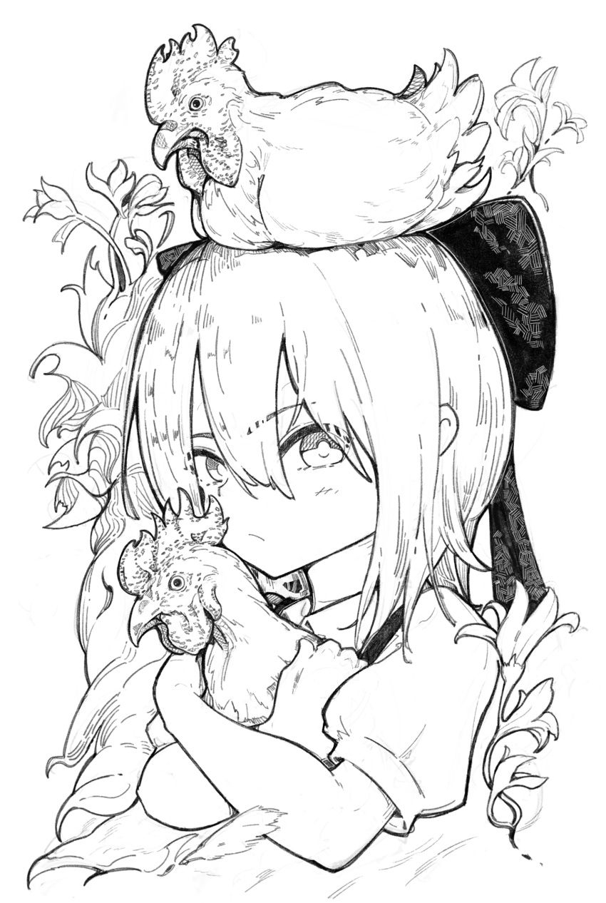 1girl, absurdres, animal, animal_hug, bird, bow, chicken, cirno