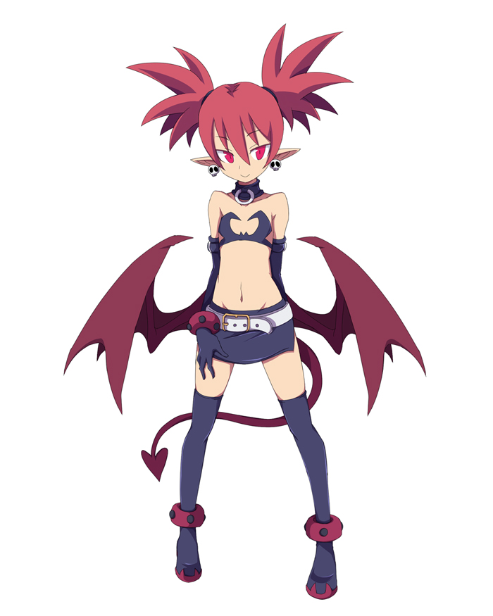 bat_wings, demon_girl, demon_tail, disgaea, earrings, etna, flat_chest, gloves, jewelry, midriff, miniskirt, n_(ruff), navel, pointy_ears, red_eyes, red_hair, redhead, skirt, skull, smile, solo, tail, thigh-highs, thighhighs, twintails, wings
