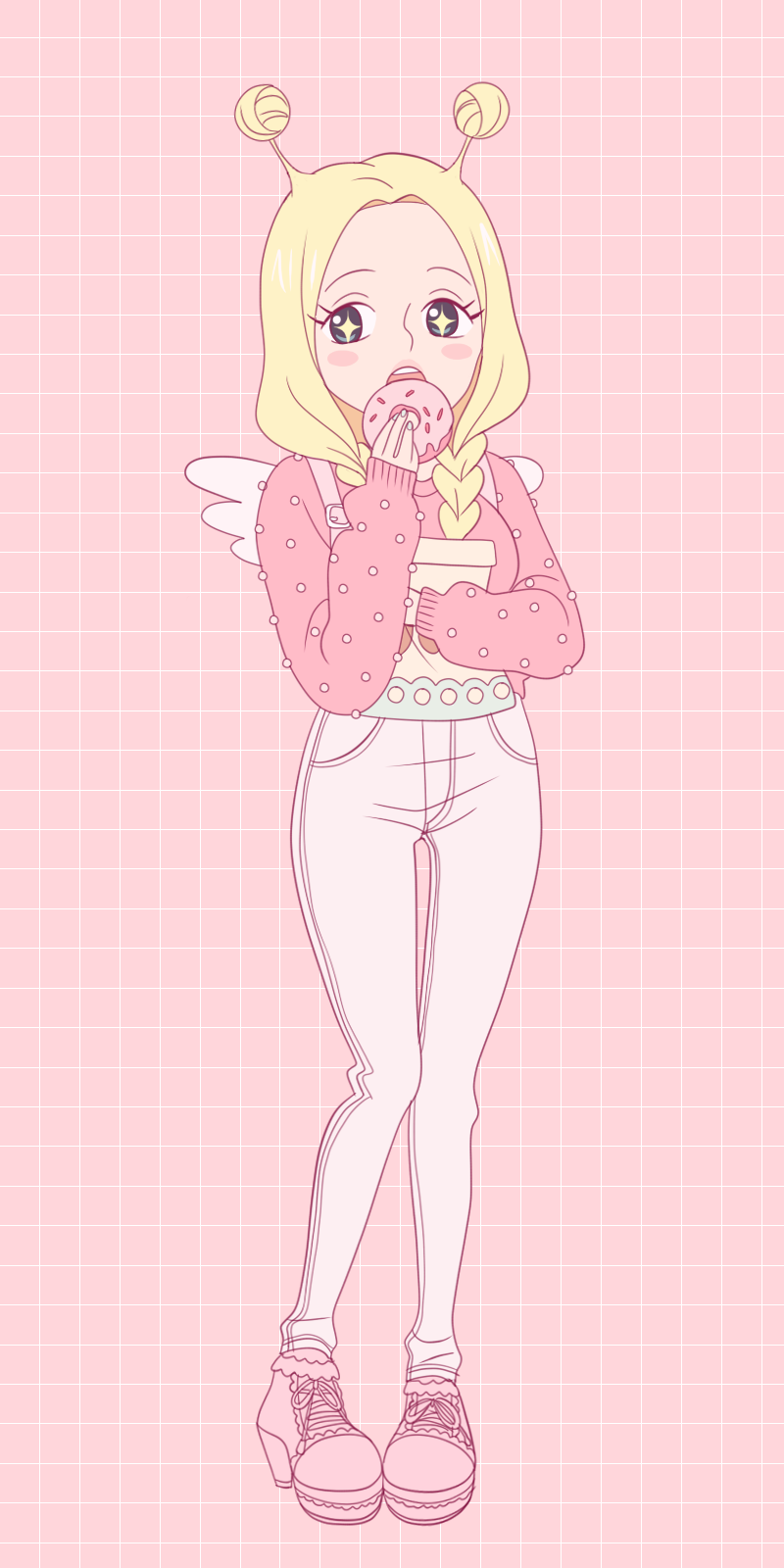 1girl, antenna_hair, blonde_hair, blush_stickers, braid, commentary, conis_(one_piece), doughnut