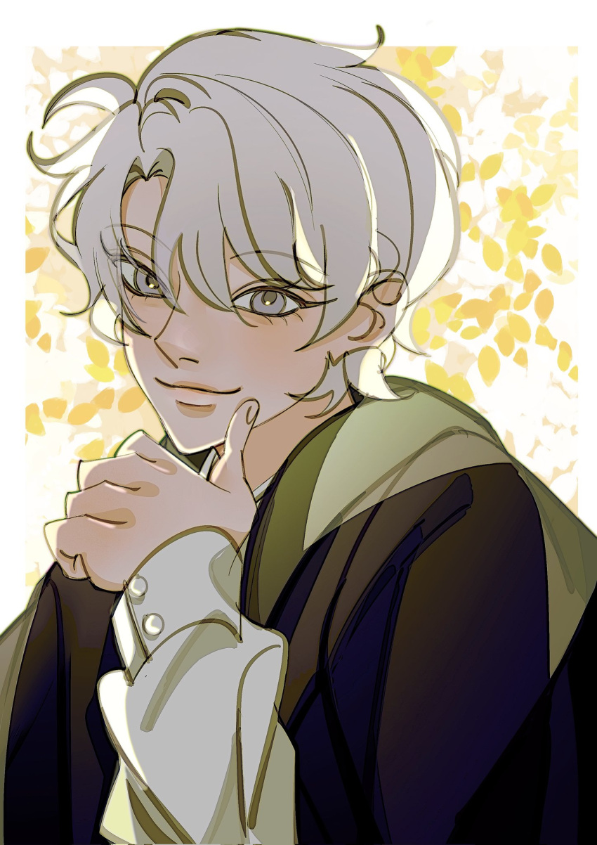 1boy, black_robe, draco_malfoy, ellie, grey_eyes, harry_potter_(series), highres, hogwarts_school_uniform, hooded_robe, male_focus, robe, school_uniform, short_hair, slytherin, smile, solo, wizarding_world