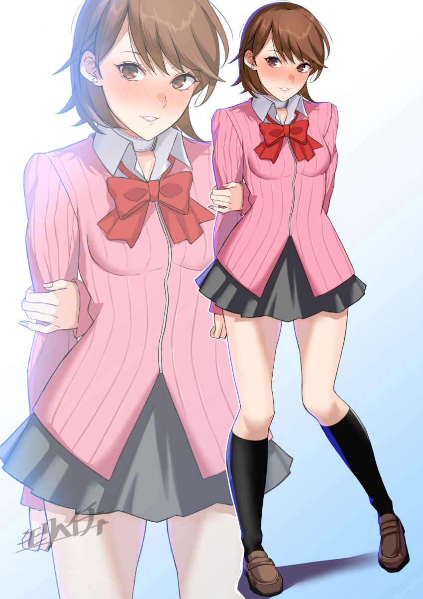 1girl, arms_between_legs, black_skirt, black_socks, blush, bow, bowtie, breasts