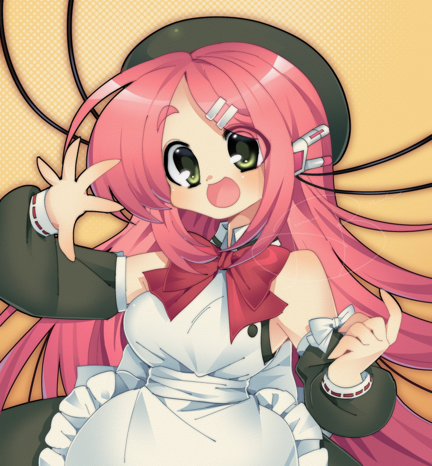 1girl, 2000s_(style), apron, armpit_peek, bare_shoulders, beret, bow, bowtie