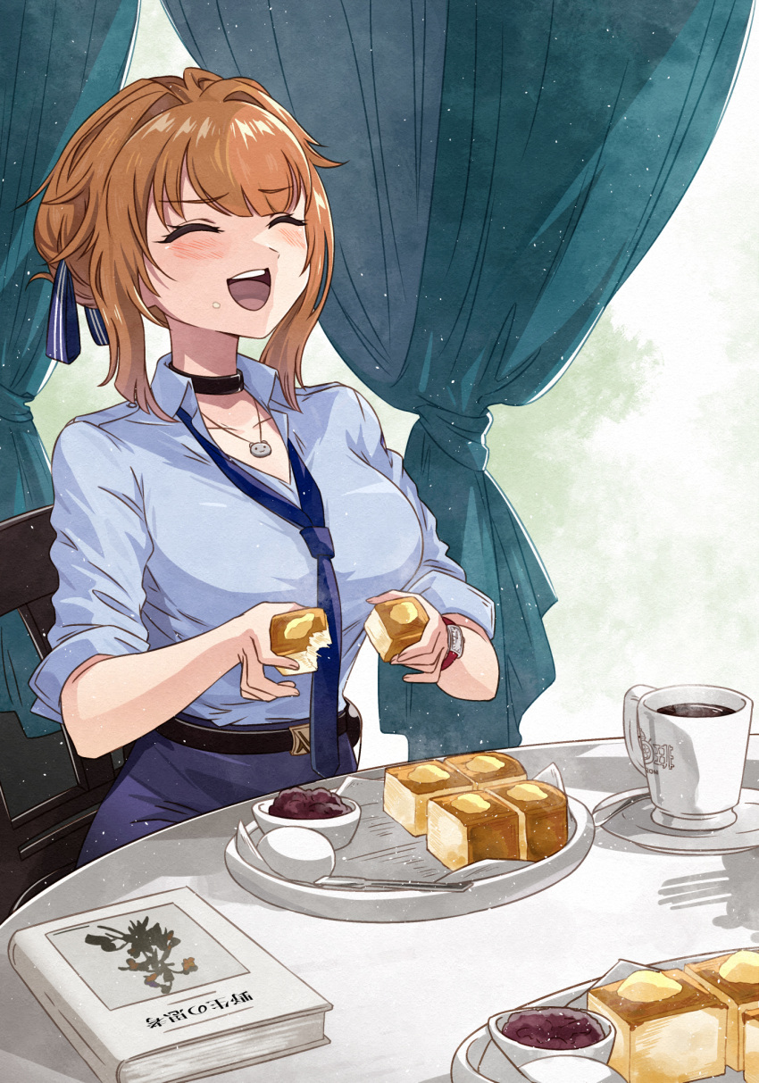 1girl, :d, ^_^, belt, black_belt, black_choker, blue_necktie, blue_shirt