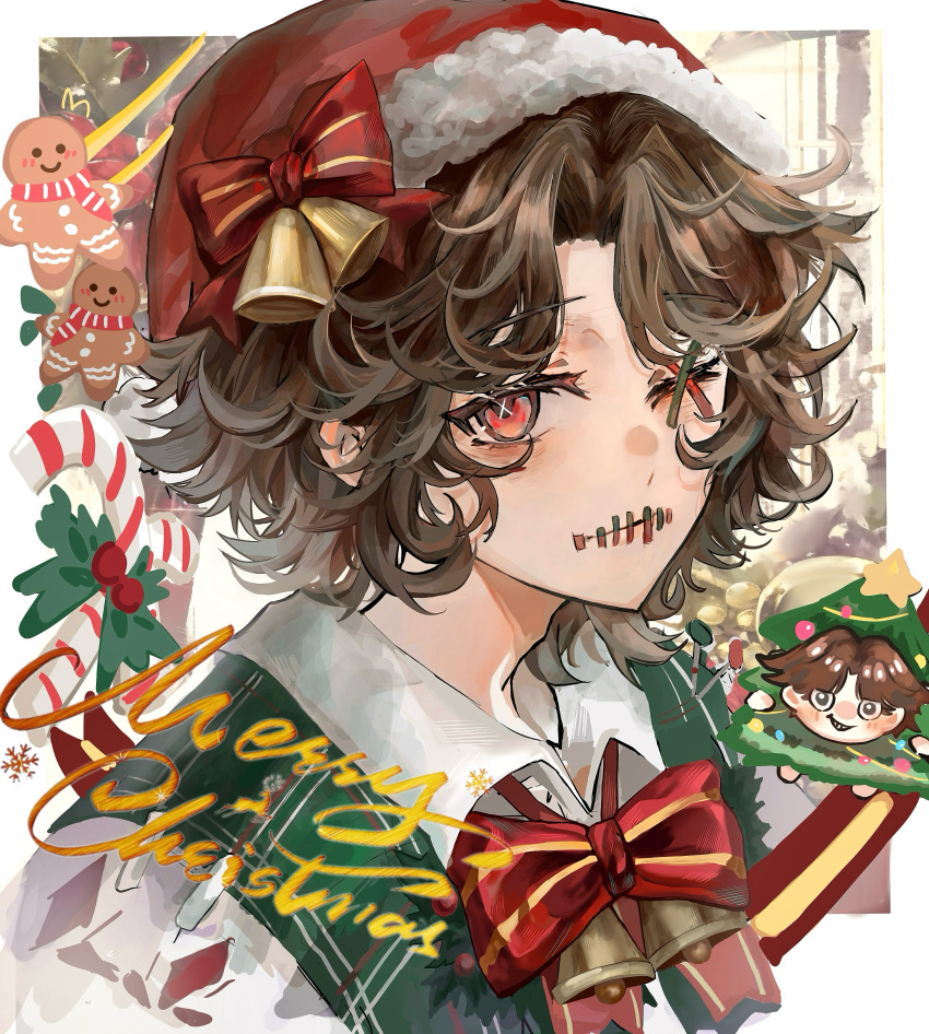1boy, absurdres, bell, bongshakalaka806, bow, bowtie, brown_hair, candy