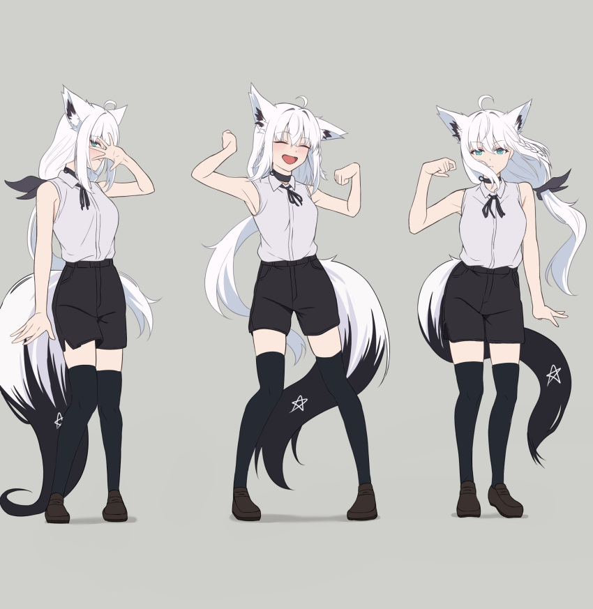 1girl, :d, ahoge, animal_ears, aqua_eyes, black_shorts, black_thighhighs, brown_shoes