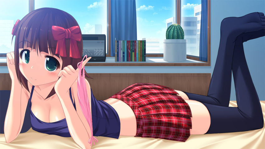amami_haruka, black_legwear, blush, breasts, brown_hair, cactus, camisole, cleavage, green_eyes, hair_ribbon, holding, holding_panties, idolmaster, kageira, midriff, no_shoes, on_bed, on_stomach, panties, pink_panties, plaid, plant, potted_plant, red_skirt, ribbon, short_hair, side-tie_panties, smile, solo, tartan, tartan_skirt, thigh-highs, thighhighs, underwear, wallpaper, window, zettai_ryouiki