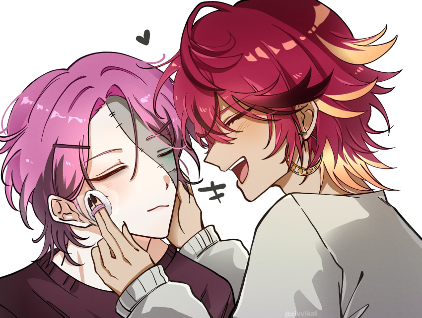 2boys, black_nails, blush, closed_eyes, closed_mouth, earrings, first_stage_production, grey_sweater