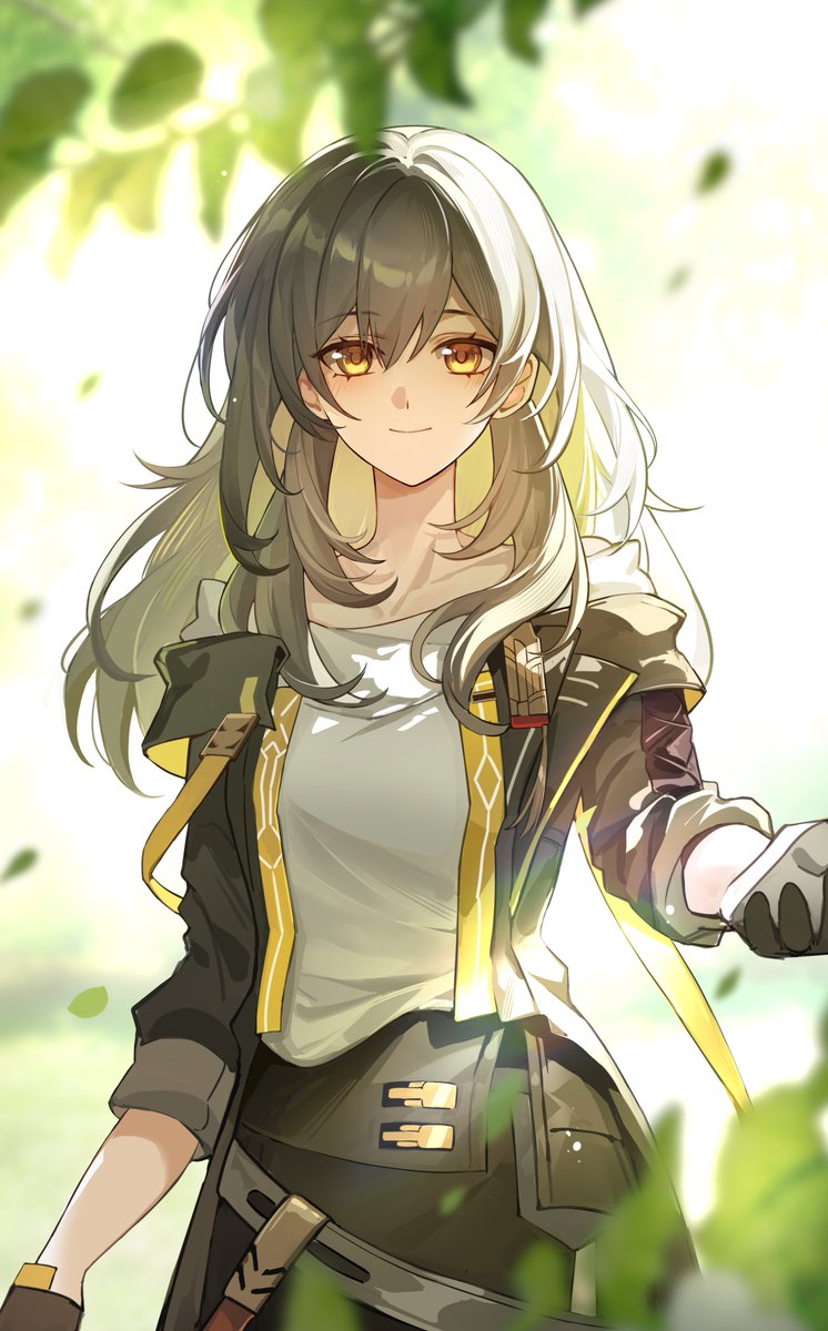 1girl, black_gloves, black_jacket, falling_leaves, gloves, gold_trim, grey_hair, highres