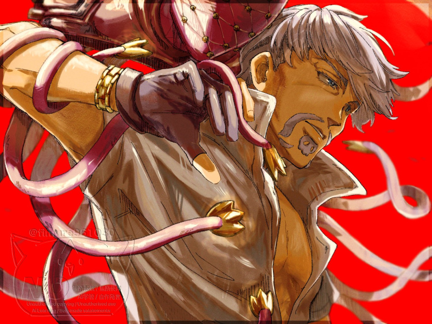 1boy, beard, black_gloves, blue_eyes, cleavage_cutout, clothing_cutout, commentary_request, facial_hair