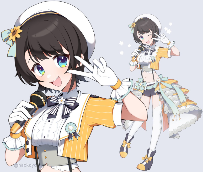 beret, blue_eyes, blue_shoes, blue_shorts, brown_hair, cropped_jacket, cropped_shirt, garter_straps