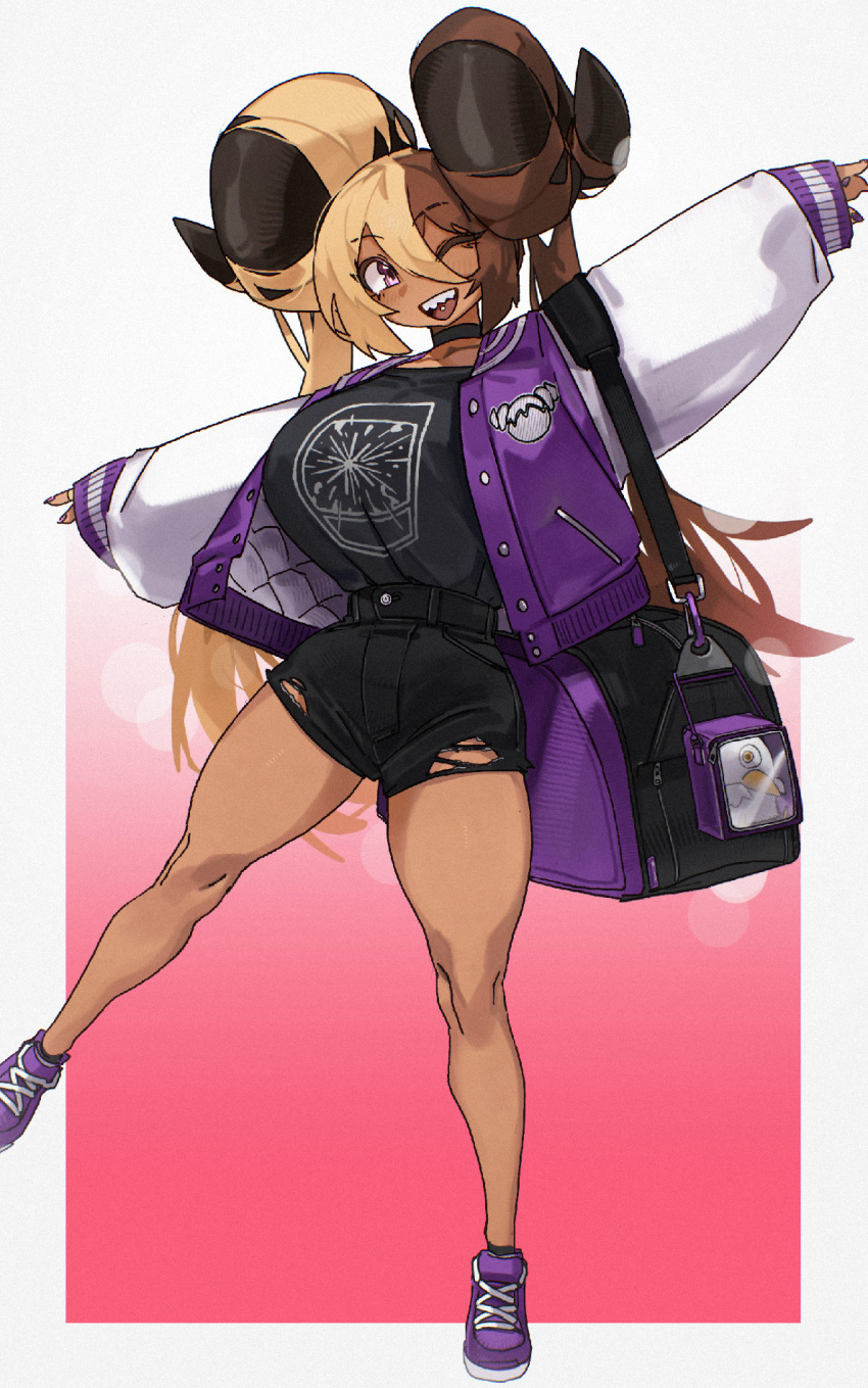 1girl, aife_(zana), bag, belt, black_shirt, black_shorts, blonde_hair, breasts