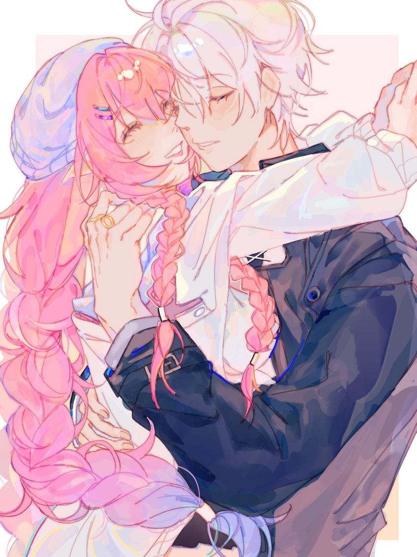 arms_around_back, arms_around_neck, black_jacket, blue_hair, braid, closed_eyes, cyrene_(demiurge)_(honkai:_star_rail), cyrene_(demiurge)_(keeping_promise)_(honkai:_star_rail)