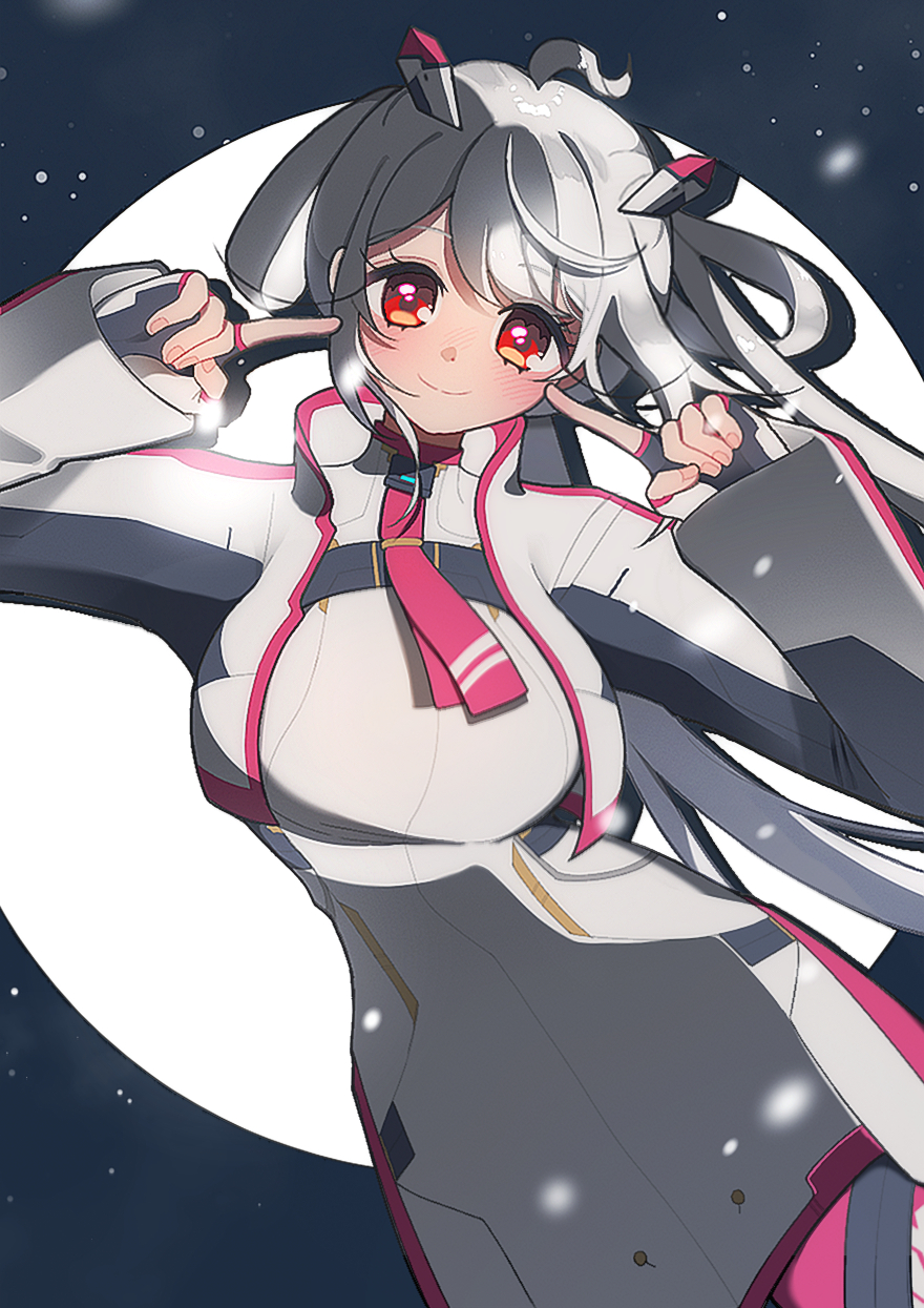 1girl, ahoge, black_border, blush, border, breast_strap, breasts, closed_mouth