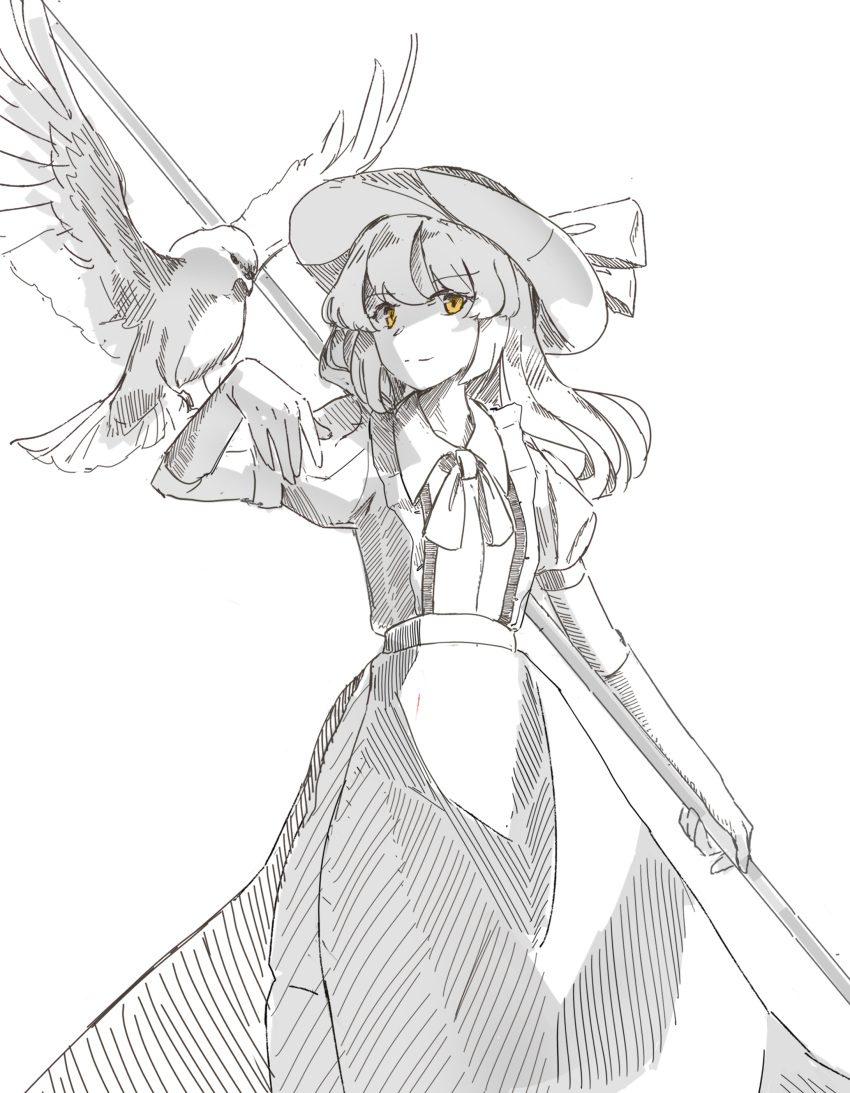 1girl, absurdres, acor, apron, bird, bow, dress, elbow_gloves