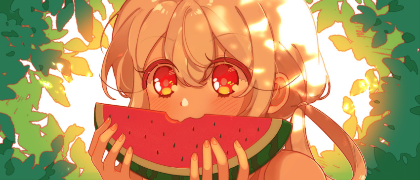 1girl, blush, commentary_request, covered_mouth, dappled_sunlight, food, food_bite, fruit