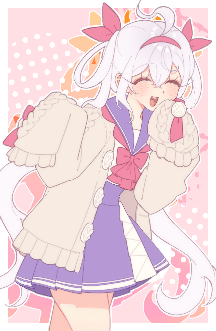 1girl, :d, ^_^, ahoge, alternate_costume, blush, border, bow