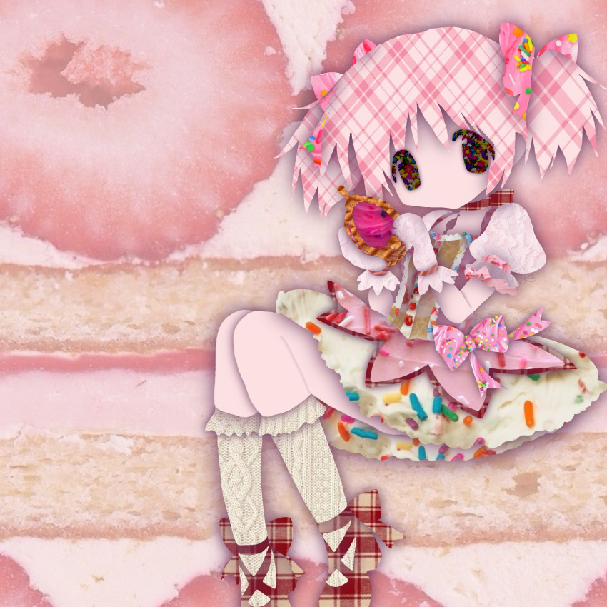 absurdres, black_eyes, bow, cake, colored_skin, dessert, food, food-themed_background